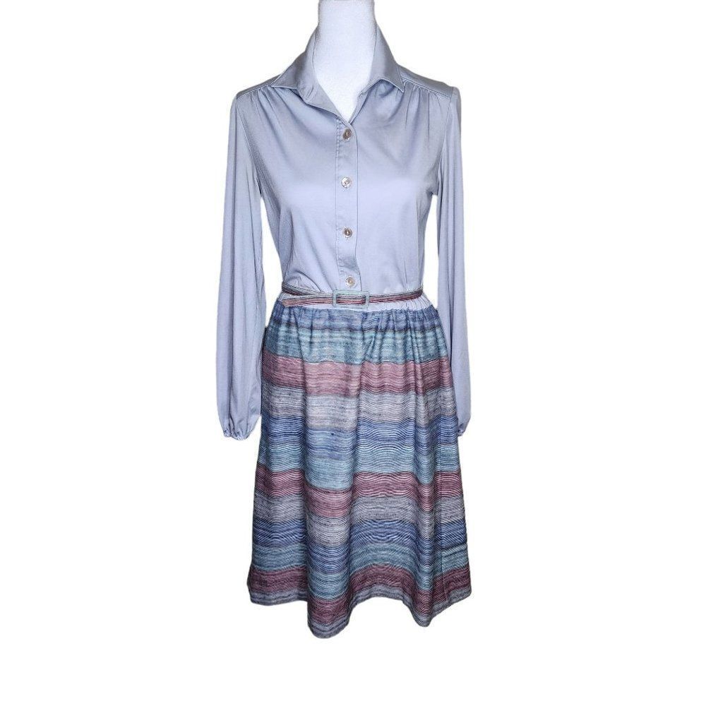 Vintage 70s Kay Windsor Belted Shirt Dress Womens Size M Blue Preppy Academia Of